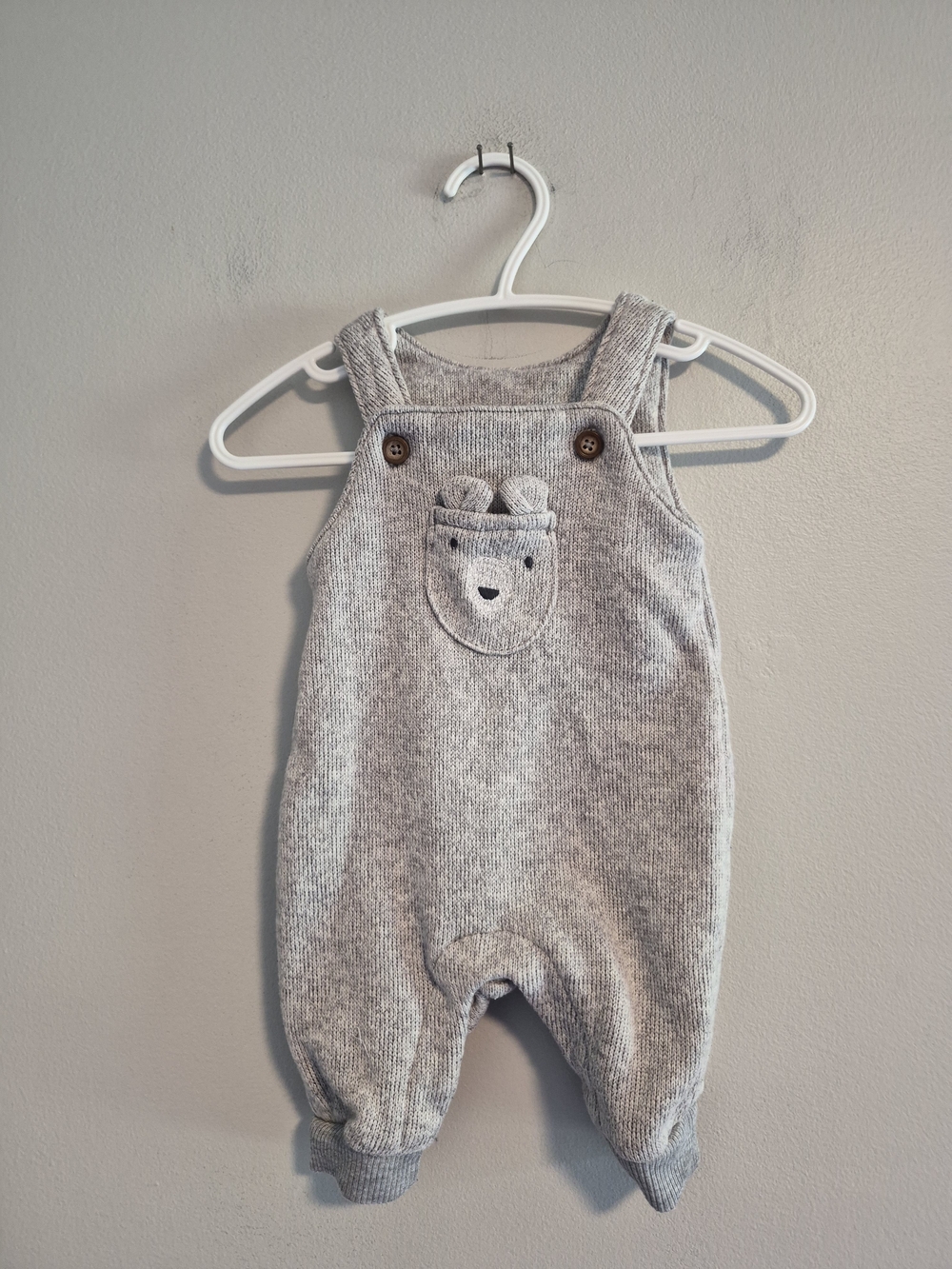 Carter's Newborn Grey Knit Overalls with Bear Chest Pocket